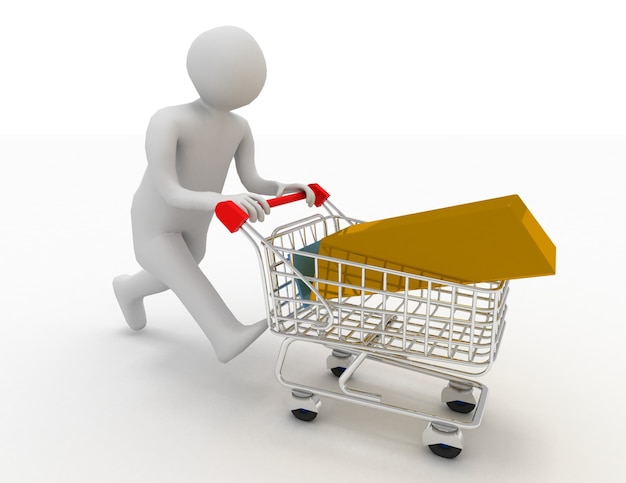 3D Character Pushing Shopping Cart with Large Gold Bar . 3d rendered illustration