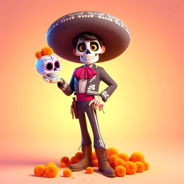 Photo 3d character of a skull costume in dia de los muertos celebration