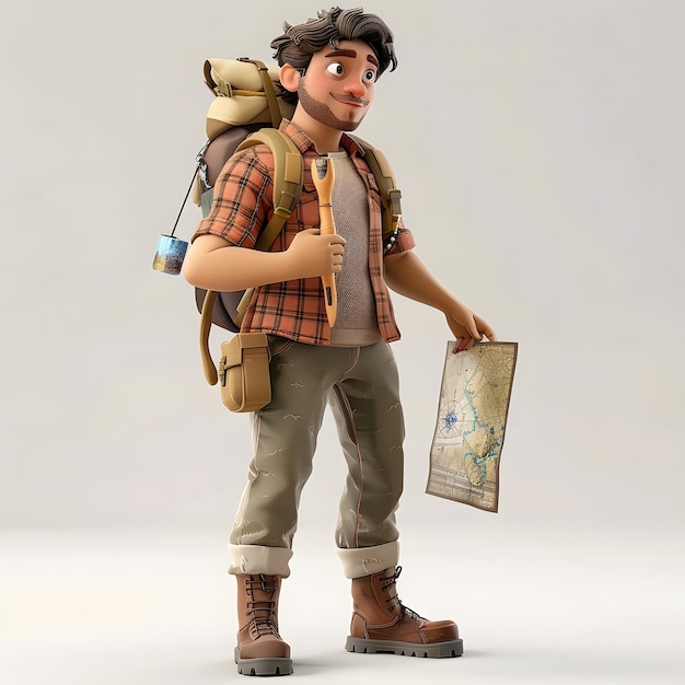 3d character traveler Adventurous Young Hiker with Backpack and Map Exploring the World