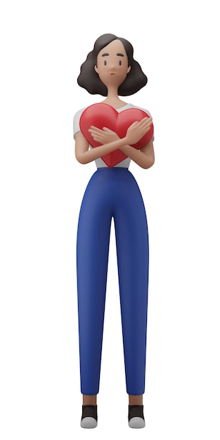 3D character woman pose hug red heart Isolated white background image 3D Illustration rendering