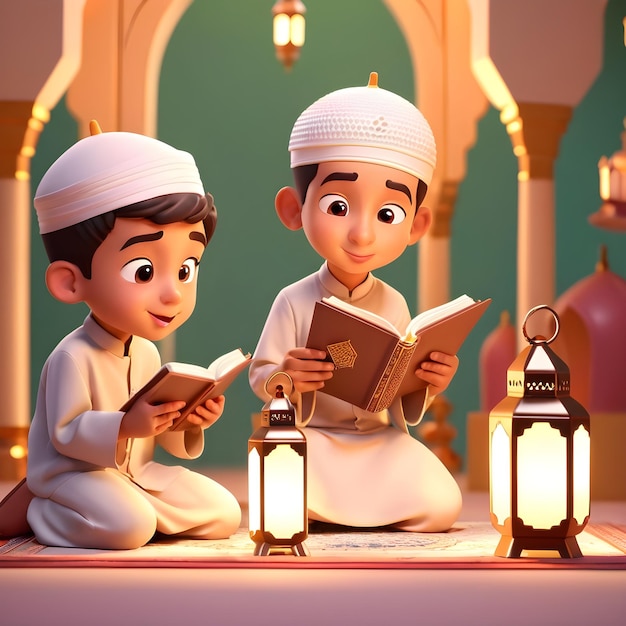 Photo 3d characters muslim boys in mosque ramadan