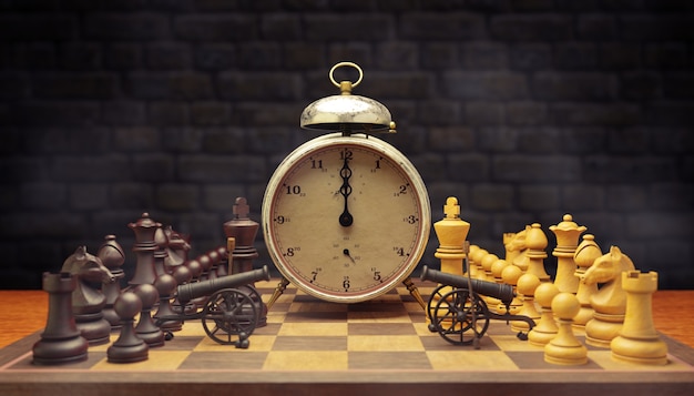 3D chess and cannon are facing each other on chessboard with alarm clock in between them.