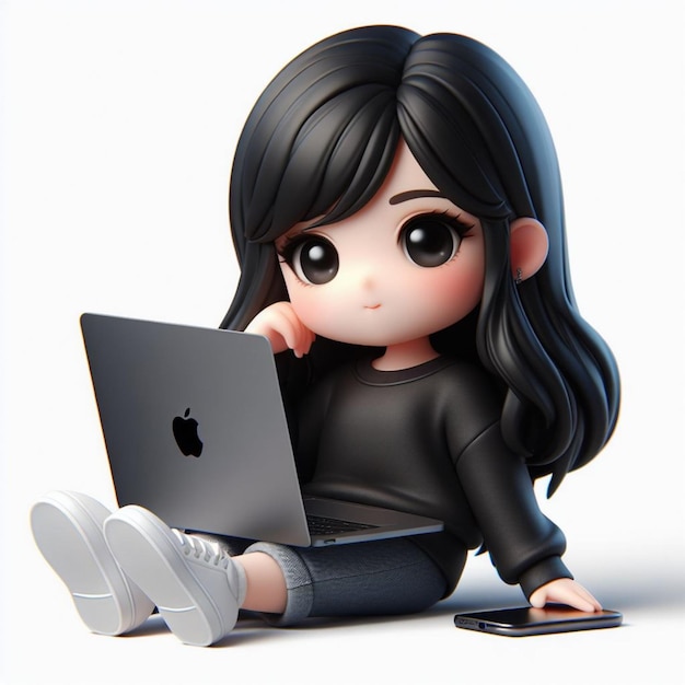 3D chibi character featuring a realistic girl sitting relaxed with a black Apple MacBook