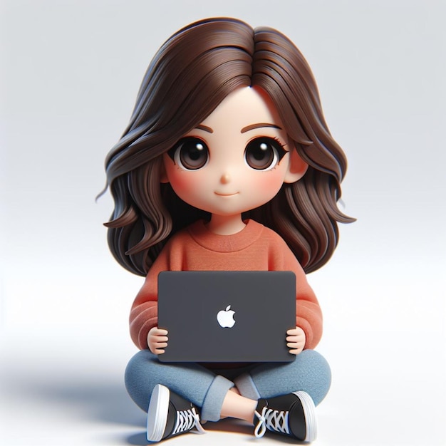 3D Chibi Character Featuring A Realistic girl Sitting Relaxed With A Black Apple MacBook