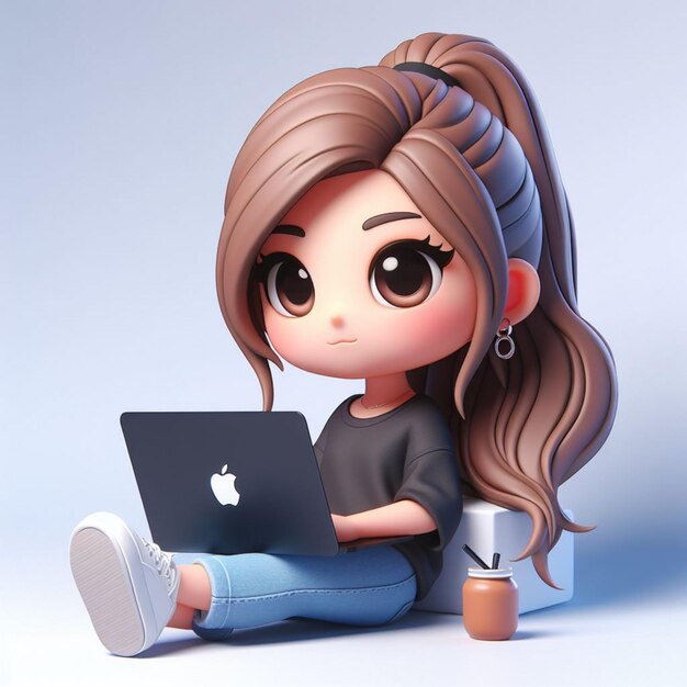 3D Chibi Character Featuring A Realistic girl Sitting Relaxed With A Black Apple MacBook