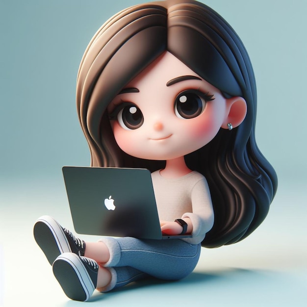 3D Chibi Character Featuring A Realistic girl Sitting Relaxed With A Black Apple MacBook