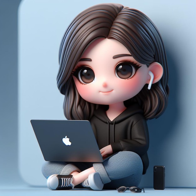 3D Chibi Character Featuring A Realistic girl Sitting Relaxed With A Black Apple MacBook