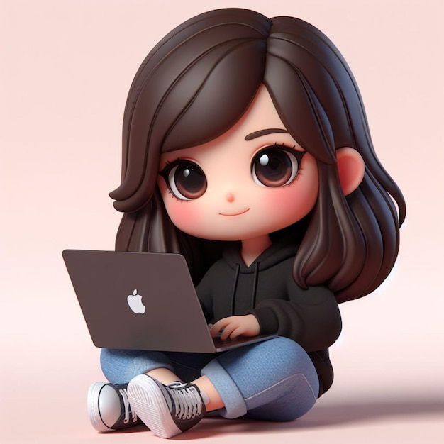 3D Chibi Character Featuring A Realistic girl Sitting Relaxed With A Black Apple MacBook