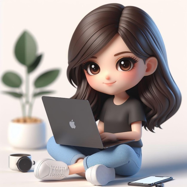 3D Chibi Character Featuring A Realistic girl Sitting Relaxed With A Black Apple MacBook