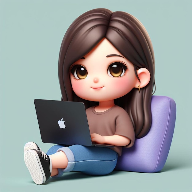 3D Chibi Character Featuring A Realistic girl Sitting Relaxed With A Black Apple MacBook