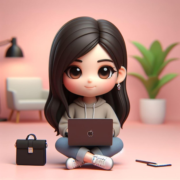 3D Chibi Character Featuring A Realistic girl Sitting Relaxed With A Black Apple MacBook