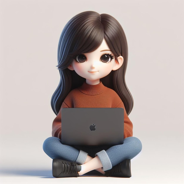 3D Chibi Character Featuring A Realistic girl Sitting Relaxed With A Black Apple MacBook