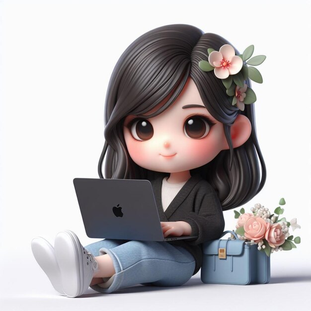 3D Chibi Character Featuring A Realistic girl Sitting Relaxed With A Black Apple MacBook