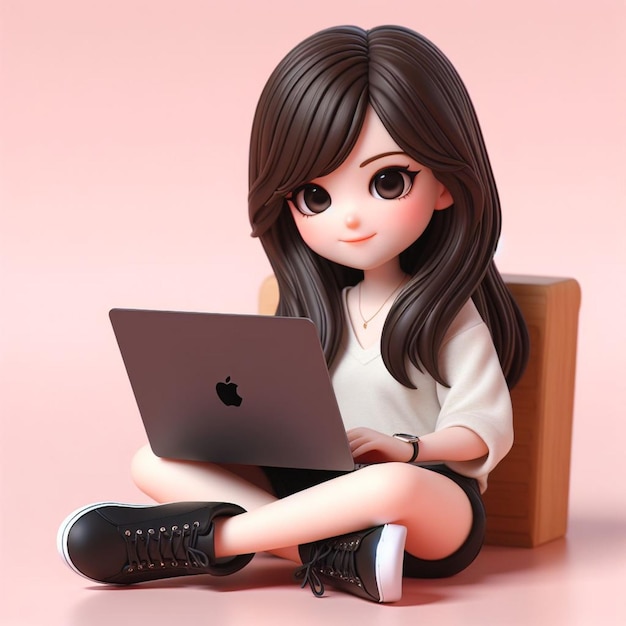 3D Chibi Character Featuring A Realistic girl Sitting Relaxed With A Black Apple MacBook