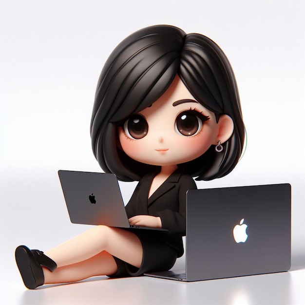 3D Chibi Character Featuring A Realistic girl Sitting Relaxed With A Black Apple MacBook