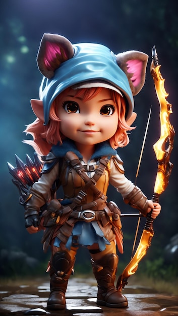 3d chibi character rpg game girl wear hunter outfit with bow weapon