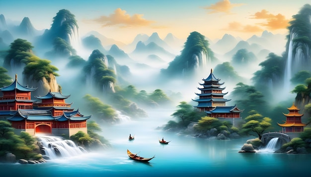 3d Chinese temple mountain beautiful waterfalling painting generative ai