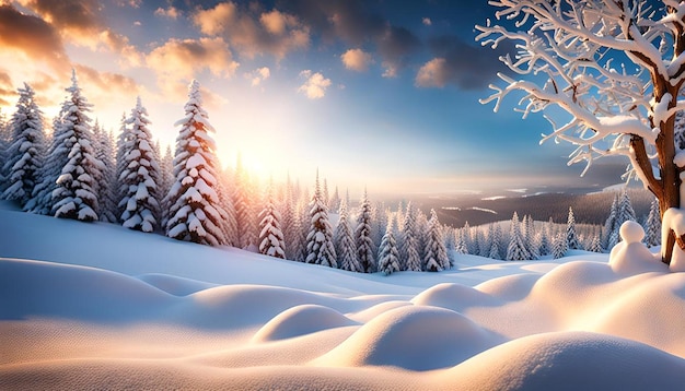 3d christmas background with snow against a defocussed winter landscape