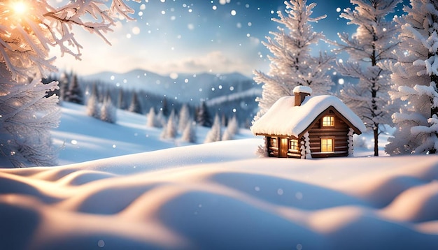 3d christmas background with snow against a defocussed winter landscape