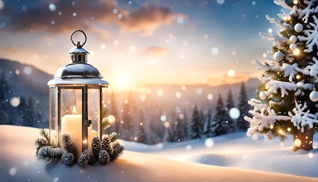 3d christmas background with snow against a defocussed winter landscape