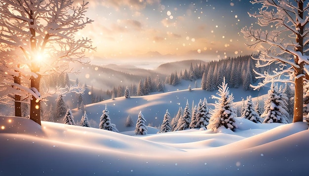 3d christmas background with snow against a defocussed winter landscape