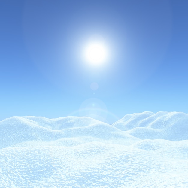 3D Christmas background with snowy landscape against a blue sunny sky