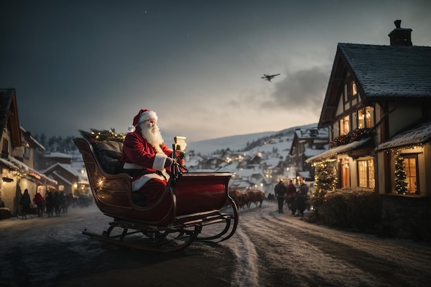 3d Christmas banner with snowman and Santa Claus in a stocking with Xmas festive ornaments on a snow