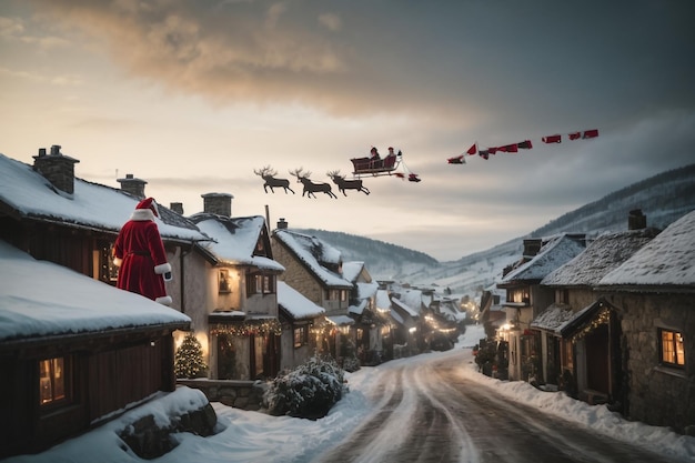 3d Christmas banner with snowman and Santa Claus in a stocking with Xmas festive ornaments on a snow