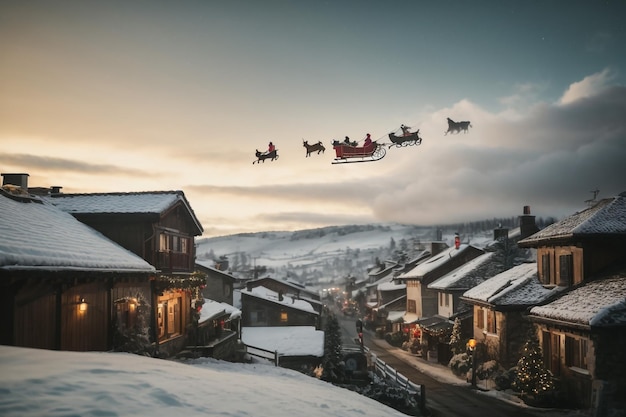 3d Christmas banner with snowman and Santa Claus in a stocking with Xmas festive ornaments on a snow