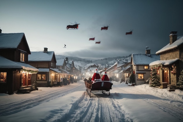 3d Christmas banner with snowman and Santa Claus in a stocking with Xmas festive ornaments on a snow