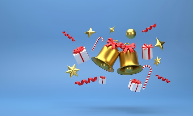 3D. christmas bell and gift box in the celebration of christmas on a blue background