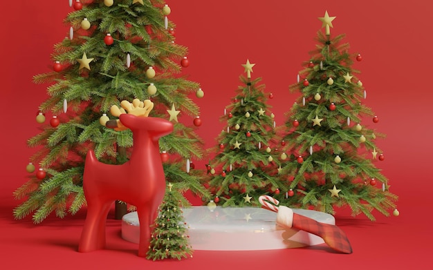 3d Christmas deer with some trees and sweet in socks with a podium on a red background