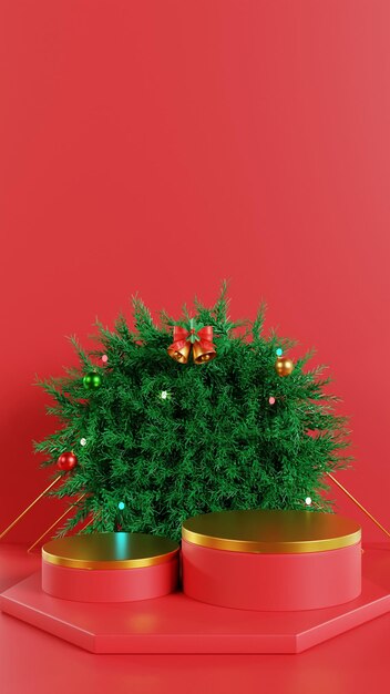 3d christmas podium decorated with circle shape wreath and colorful lights on red background