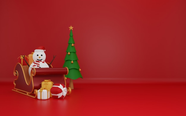 3D Christmas or winter with snowman and santa sleigh Copy space area