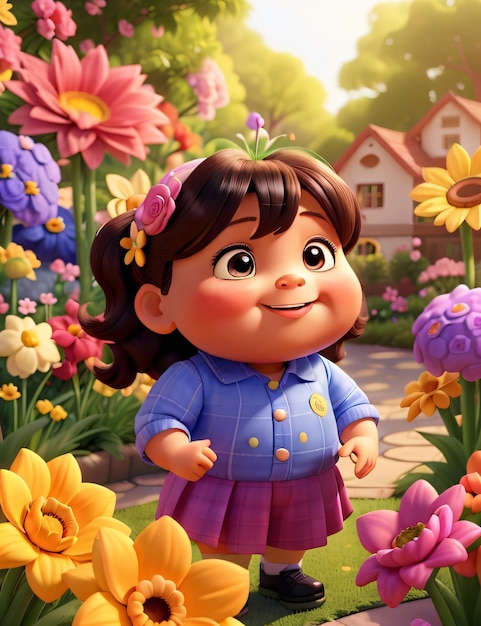 3D Chubby Girl in Sunlit Meadow Colorful Flowers and Natural Beauty Generative ai