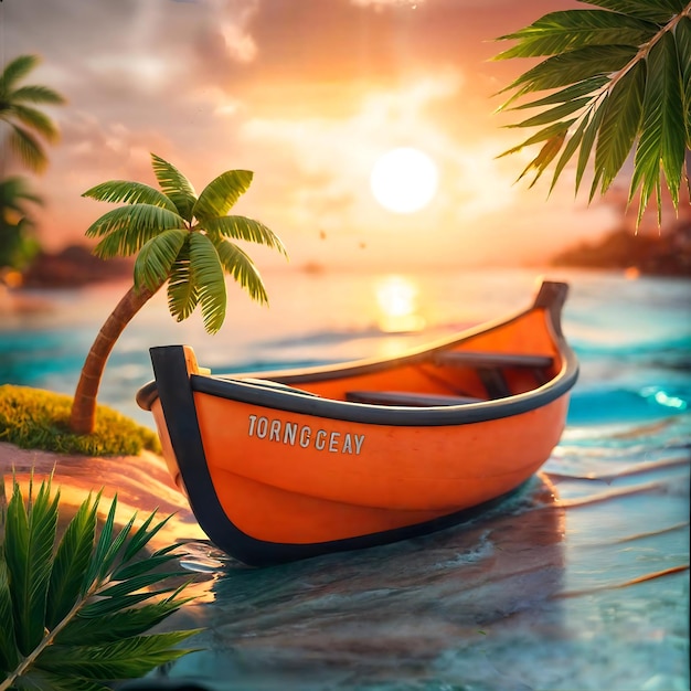 3D cineamtic orange boat in seaside