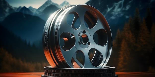 3D cinema film reel with blue clapper board Concept Movie Reel 3D Cinema Film Production Blue Clapper Board Movie Night