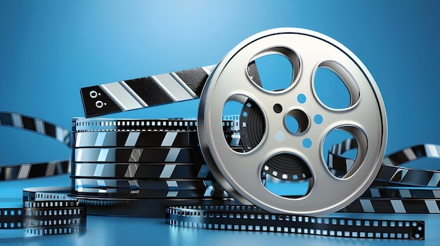 3d cinema film strip and reel with clapper board on blue