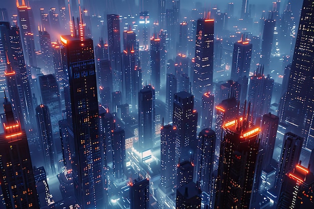 A 3D cityscape at night with glowing lights and towering skyscrapers extending into the sky