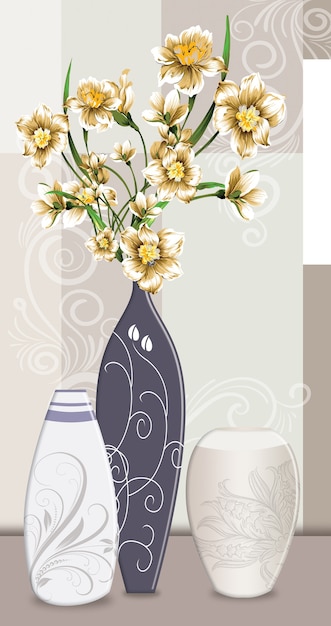 Photo 3d classic illustration vases with golden flowers
for canvas wall art