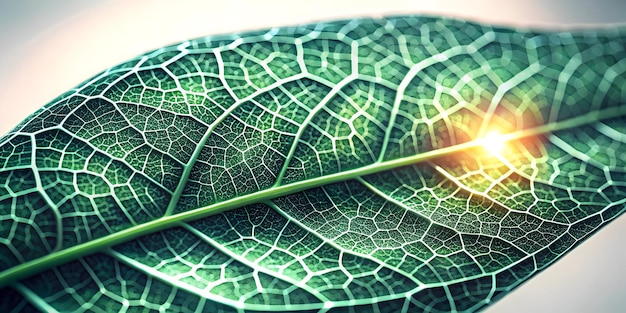 3D CloseUp of a Glowing Leaf with Digital Veins Symbolizing Sustainability and Human Rights for Hum