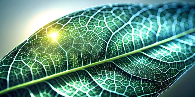 3D CloseUp of a Glowing Leaf with Digital Veins Symbolizing Sustainability and Human Rights Macro