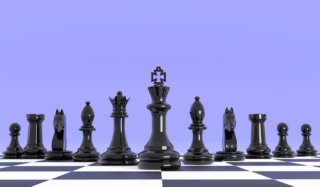 3D closeup line up of black chess in purple background. 3D rendering chess concept