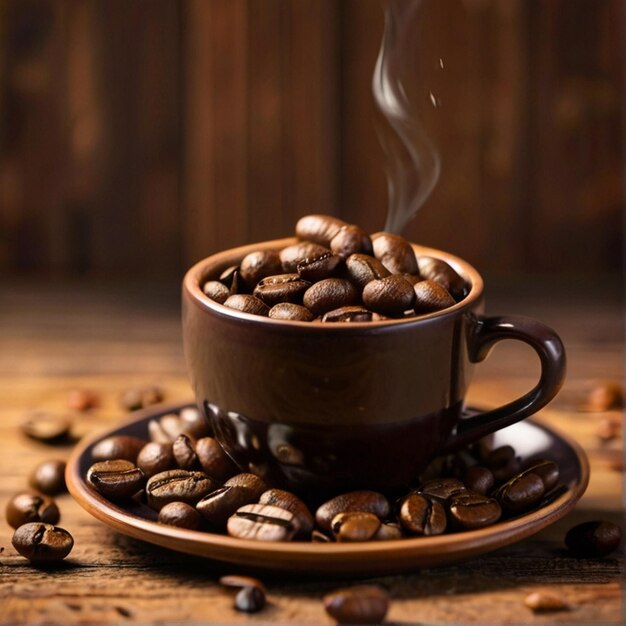 3D Coffee beans falling into a cup with coffee beans on a blur wooden background