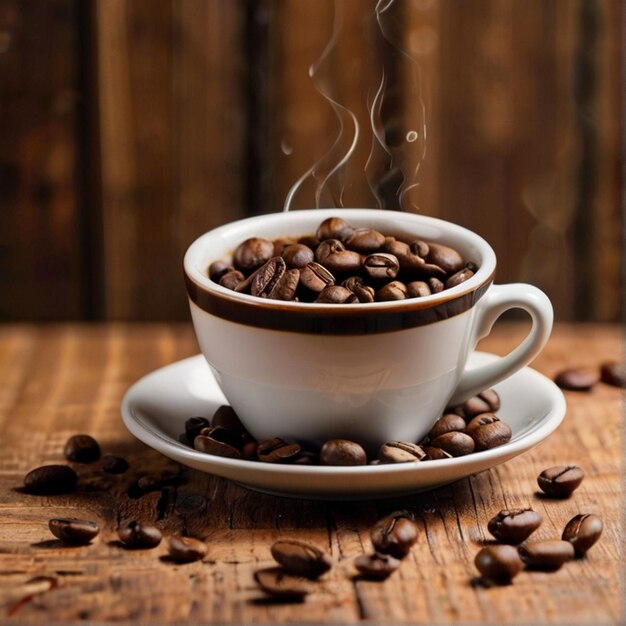 3D Coffee beans falling into a cup with coffee beans on a blur wooden background