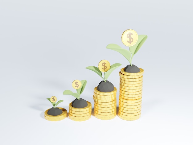 3D coin stacks with growing money tree