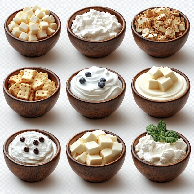 Photo a 3d collection of bowls each filled with greek yogurt or sour cream shown with realistic textures and colors