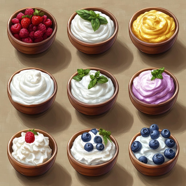 Photo a 3d collection of bowls each filled with greek yogurt or sour cream shown with realistic textures and colors