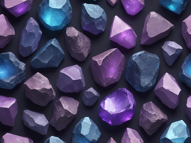 3d collection of purple gemstones with purple and blue gems