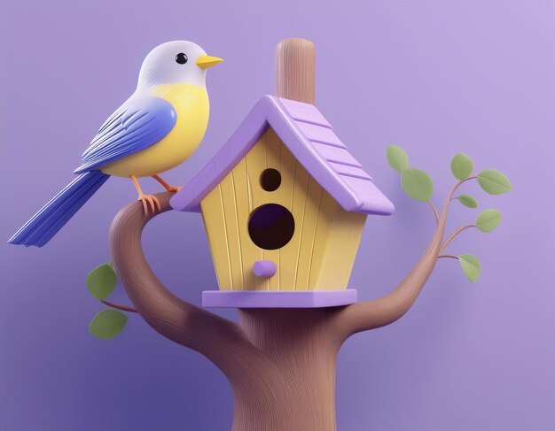 Photo 3d colorful bird perches on a branch near a purple birdhouse 3d render